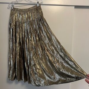 Vintage LORCH Metallic Gold Elastic Waist Long Pleated Midi Skirt M